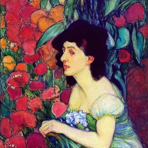 Prompt: a painting of a woman sitting in front of flowers by hermenegildo anglada camarasa, pixiv, impressionism, impressionism, chiaroscuro, pre - raphaelite