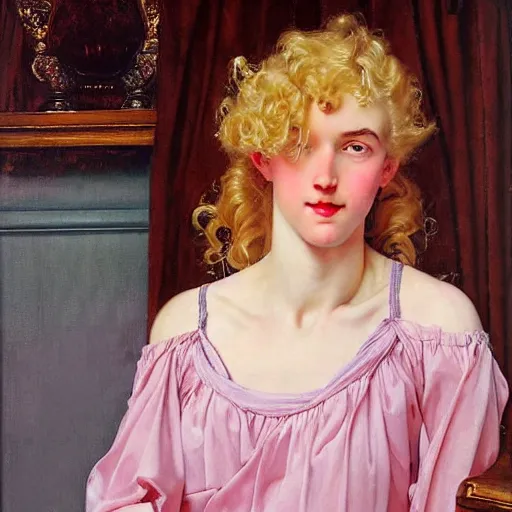 Prompt: beautiful portrait painting of the androgynous pale blond princess Lucius with long curly blond hair, delicate young man wearing a wispy pink silk dress smiling sleepily at the viewer, symmetrically parted curtain bangs, in love by J.C Leyendecker and Norman Rockwell