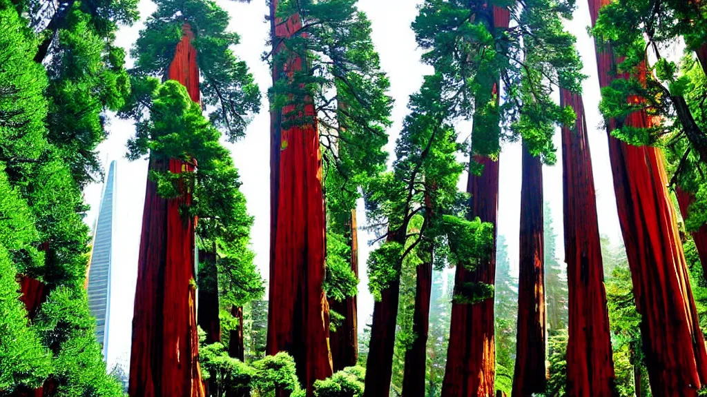 Image similar to Futuristic City in Harmony with Nature(Redwood Trees) by bruce mccall and Klaus Bürgle; Location: San Francisco, California;