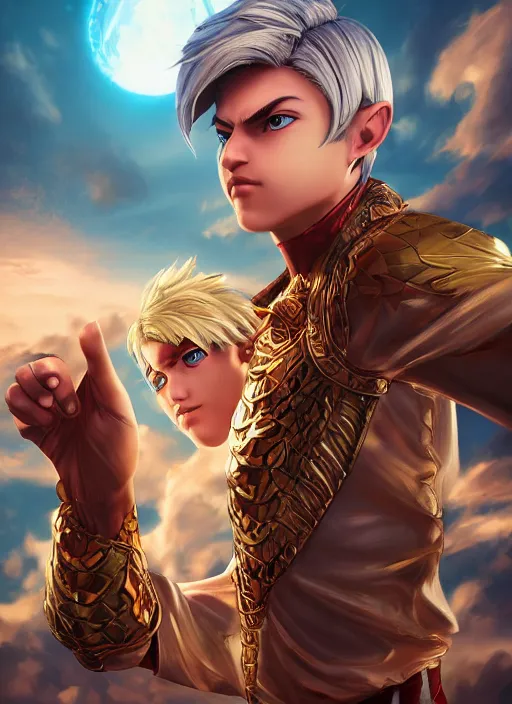 Image similar to An epic fantasy comic book style portrait painting of boy fantasy thief with blonde hair yu-gi-oh style , unreal 5, DAZ, hyperrealistic, octane render, cosplay, RPG portrait, dynamic lighting