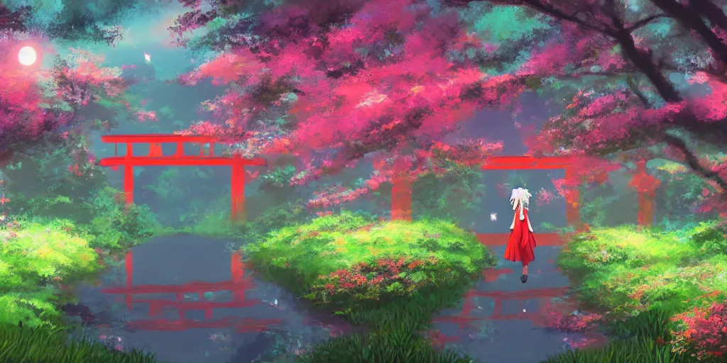 Anime torii gate sakura blossom dream moon