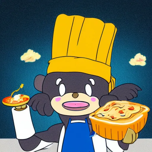 Image similar to anime cute platypus on a kitchen wearing a chef hat and holding a lasagna into an oven, anime style