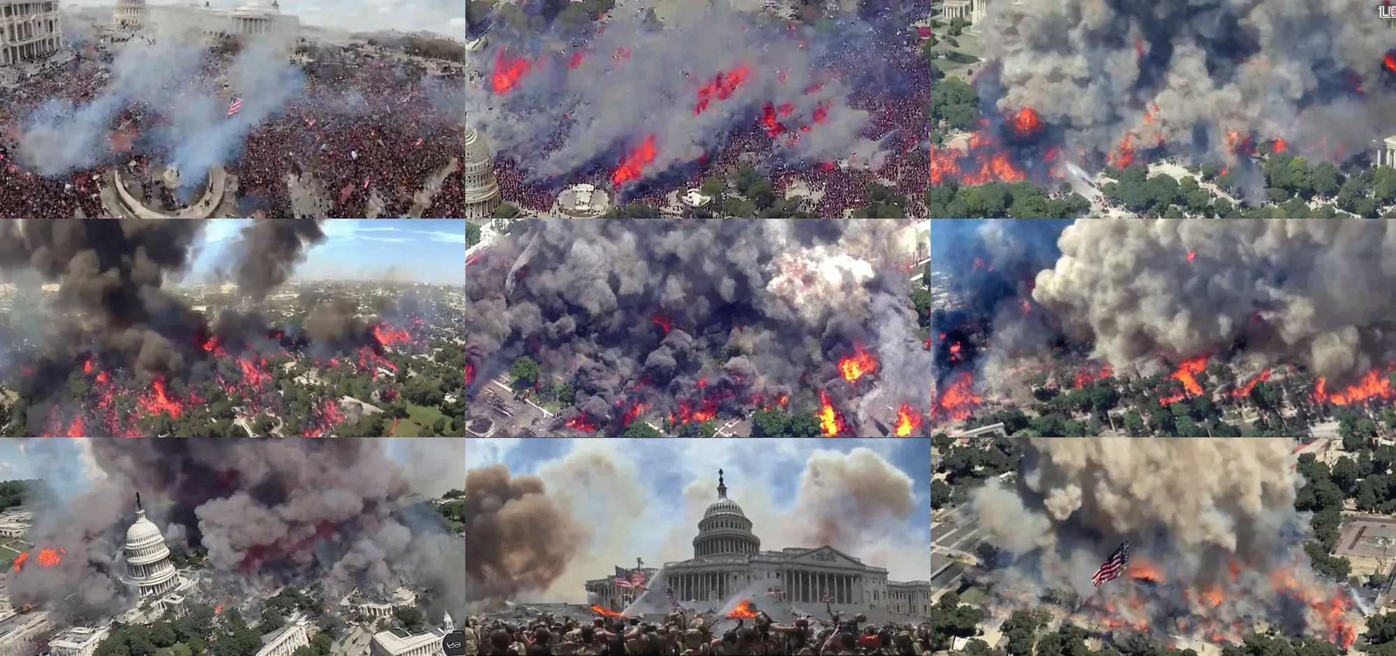 Prompt: gopro footage of the capitol riot being napalmed by military jets, large fire plumes, blood and bone, ground meat