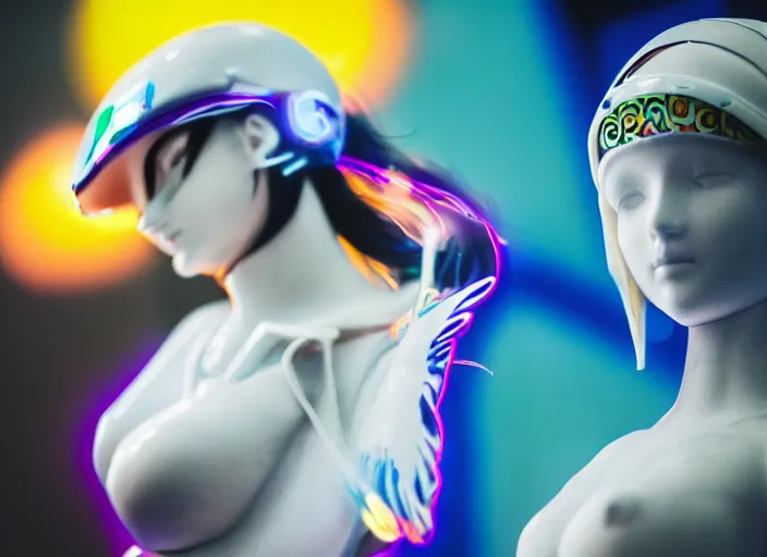 Image similar to extremely beautiful photo of a white marble statue of an anime girl with colorful motocross logos and motorcycle helmet with closed visor, colorful smoke in the background, carved marble statue, fine art, neon genesis evangelion, virgil abloh, offwhite, denoise, highly detailed, 8 k, hyperreal