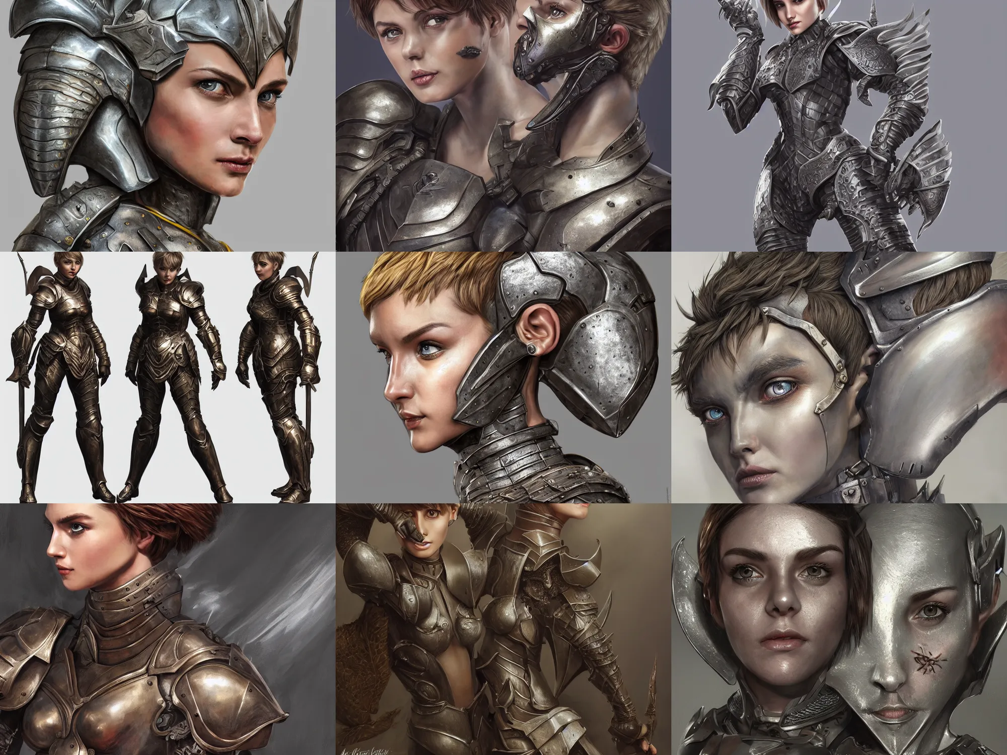 Prompt: hyper detailed 3 d full body character portrait of a woman with a pixie cut and armor, realistically proportioned face, photorealistic eyes, cinematic lighting, good value control, smooth, realistic shading, realistic face details, highly detailed, digital painting, painted texture maps, illustration, substance painter, ultra realistic, very highly detailed, segmented armor