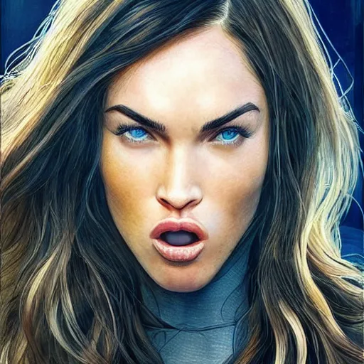 Prompt: megan fox sticking her tongue out, hyperrealistic portrait, photo realistic, poster, artstation, volumetric lighting, digital art, very detailed face by magali villeneuve