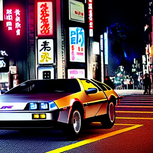 Image similar to a car Delorean in middle of road, shibuya prefecture, night city, cinematic color, photorealistic, highly detailed