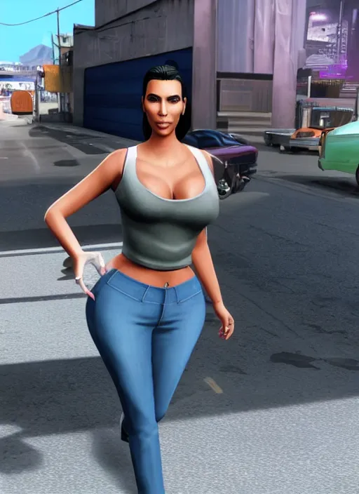 Prompt: game still of kim kardashian in a gta loading screen.