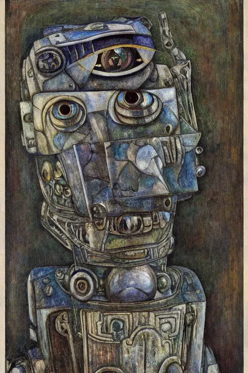 Image similar to an ancient robot with human eyes,by Annie Swynnerton and Diego Rivera, symbolist, dramatic lighting, elaborate geometric ornament, Art Brut, smooth, sharp focus, extremely detailed, Adolf Wölfli