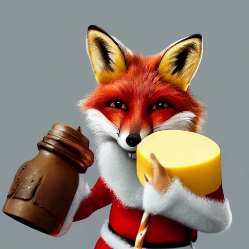 Prompt: A Detailed Award Winning Masterpiece, trending on artstation, 4k, of a fox wearing a santa hat, eating a cheese platter