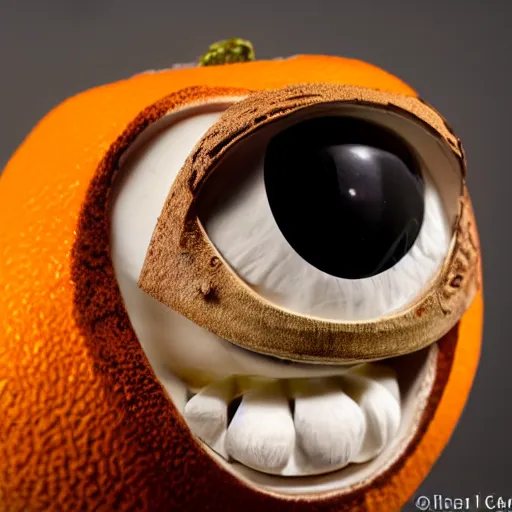 Image similar to a taxidermized annoying orange, in a museum, 8 5 mm lens, 7 0 mm entrance pupil diameter