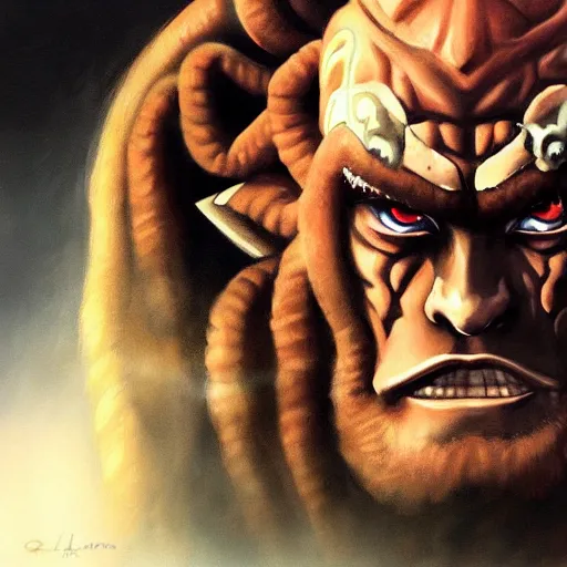 Prompt: An ultra-realistic portrait painting of Ganondorf from The Legend of Zelda in the style of Alex Ross. 4K. Ultra-realistic. Highly detailed. Epic lighting.