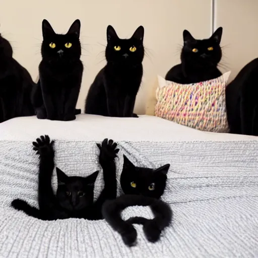 Prompt: photo of a group of black cats with huge buggy googly eyes, sitting on a bed