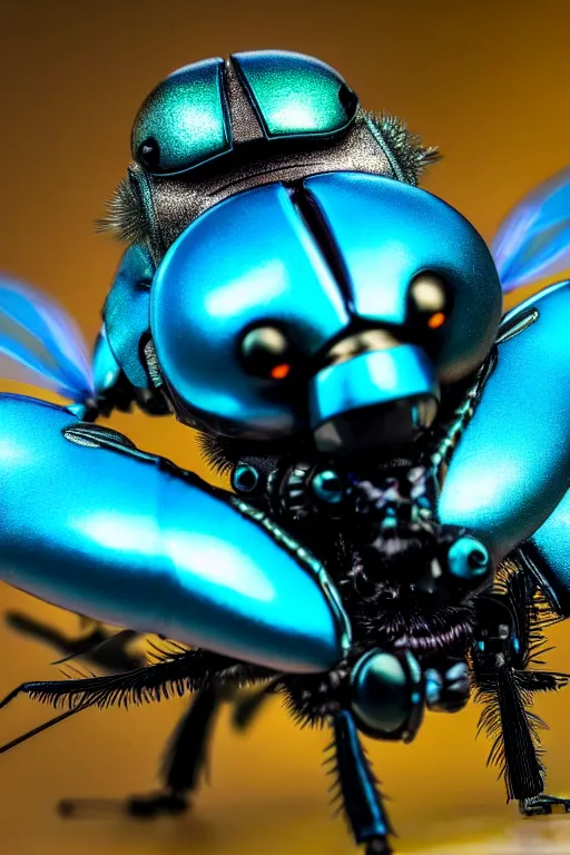 Image similar to high quality macro robot warrior metallic tachinid fly! gorgeous highly detailed hannah yata elson peter cinematic turquoise lighting high quality low angle hd 8k sharp shallow depth of field