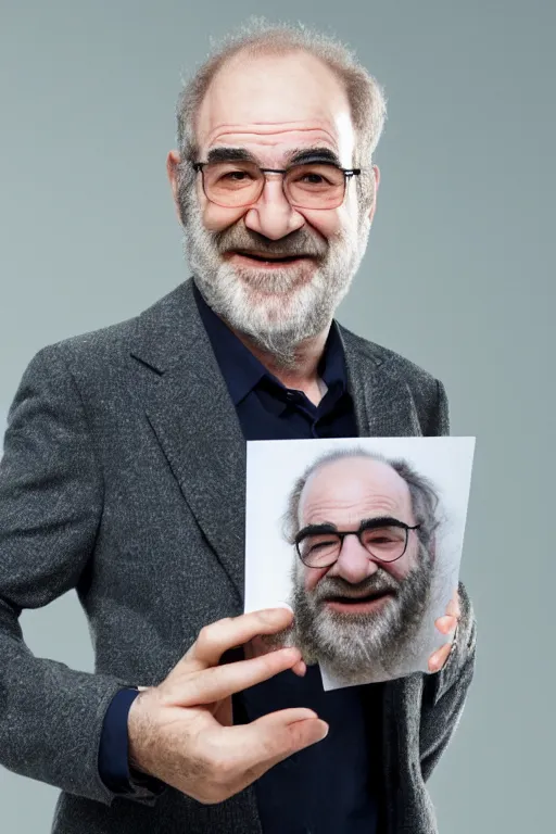 Image similar to saul berenson from homeland, ultra hd photo, 3 5 mm close up, fish eye, realistic, smiling, holding a postcard from france