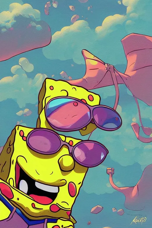 Image similar to portrait concept art painting of alternate reality spongebob, artgerm, moebius, inio asano, toon shading, cel shading, smooth, calm, tranquil, vaporwave colors,