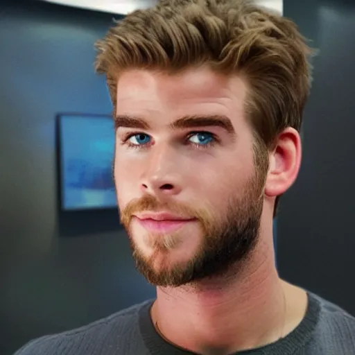 Image similar to “a realistic detailed photo of a guy who is an attractive humanoid who is half robot and half humanoid, who is a male android, actor Liam Hemsworth, shiny skin, posing like a statue, blank stare, at the museum, on display”