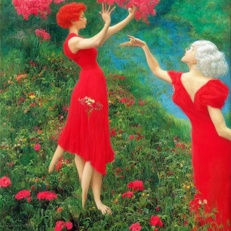 Image similar to Standing woman in a Red dress, with white hair on a golden background, with pink flowers photorealism Edward Robert Hughes,Stanisław Szukalski and Roger Dean