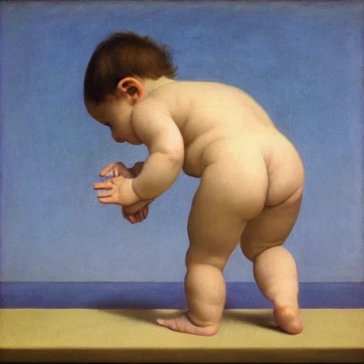 Image similar to a baby's first steps by Raphael, Hopper, and Rene Magritte. detailed, romantic, enchanting, trending on artstation.