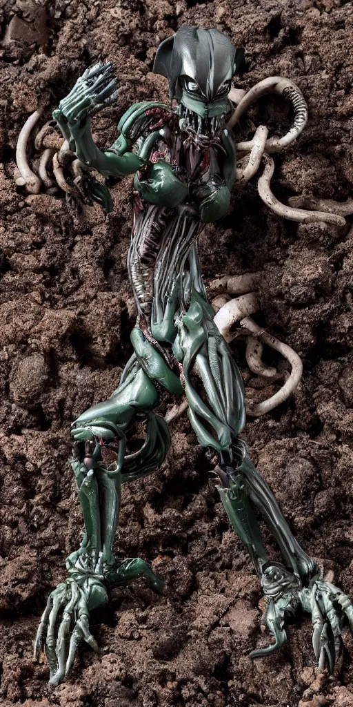 Prompt: bootleg figure of a plastic xenomorph diorama crushed on the ground surrounded of dirt and moss secondhand, mcfarlane, figma, cursed photography