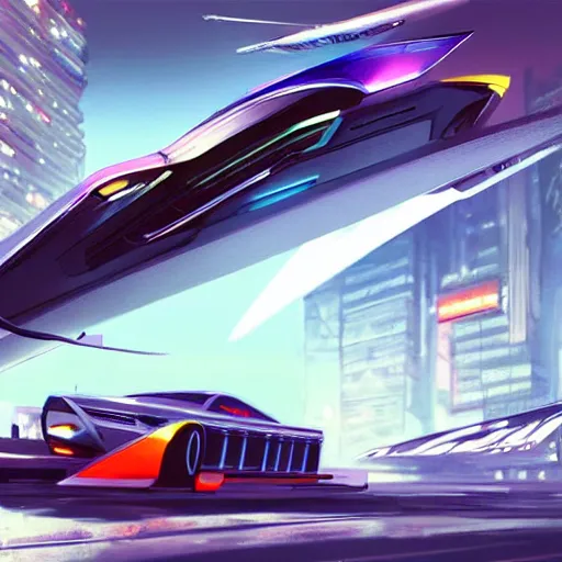 Image similar to a beautiful painting of a cool futuristic honda civic hovercar flying above a cyberpunk city powered by jet boosters, concept art, scifi art, digital art