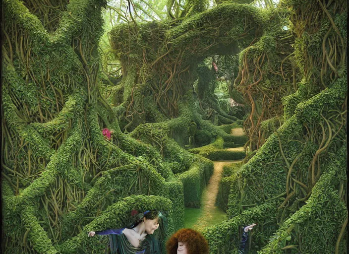 Image similar to jim henson's labyrinth. hedge maze. a green and luscious expanse of ivy - strewn trellises and thick green hedges stretches out in front of you. by edgar maxence and caravaggio and michael whelan and delacroix style, artistic, intricate painting, cinematic lighting, hyper realistic, extremely detailed, vivid colors, establishing shot, dramatic lighting