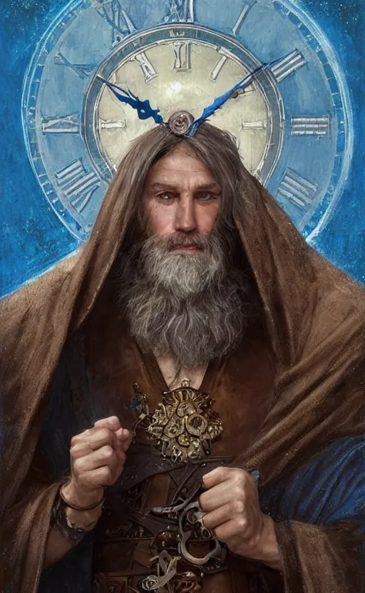 Image similar to portrait of a middle aged elf with a long beard, dressed in a blue cloak with clock iconography, brown hair, raised hand, detailed face, fantasy, highly detailed, cinematic lighting, digital art painting by greg rutkowski