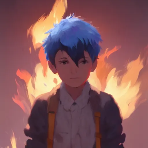 Image similar to a child with grey skin with blues and short brown hair, holding fire, highly detailed, digital painting, artstation, matte, by makoto shinkai, animation style