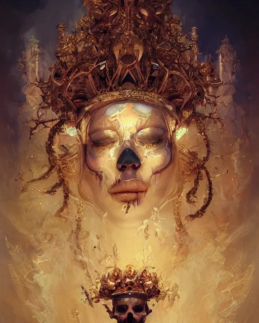 Image similar to 4k cinematic full view ethereal Skull wearing intricate religious gilded Madonna crown by Peter Mohrbacher, by Ruan Jia, by Greg Rutkowski, detailed and realistic, poetic and symbolic, Trending on Artstation