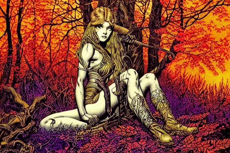 Prompt: an angelic female warrior sitting in an autumn forest, fantasy graphic novel style, by wendy pini and virgil finlay, intricate, vivid gradient colors, very fine inking lines, extremely detailed, 4k, hd