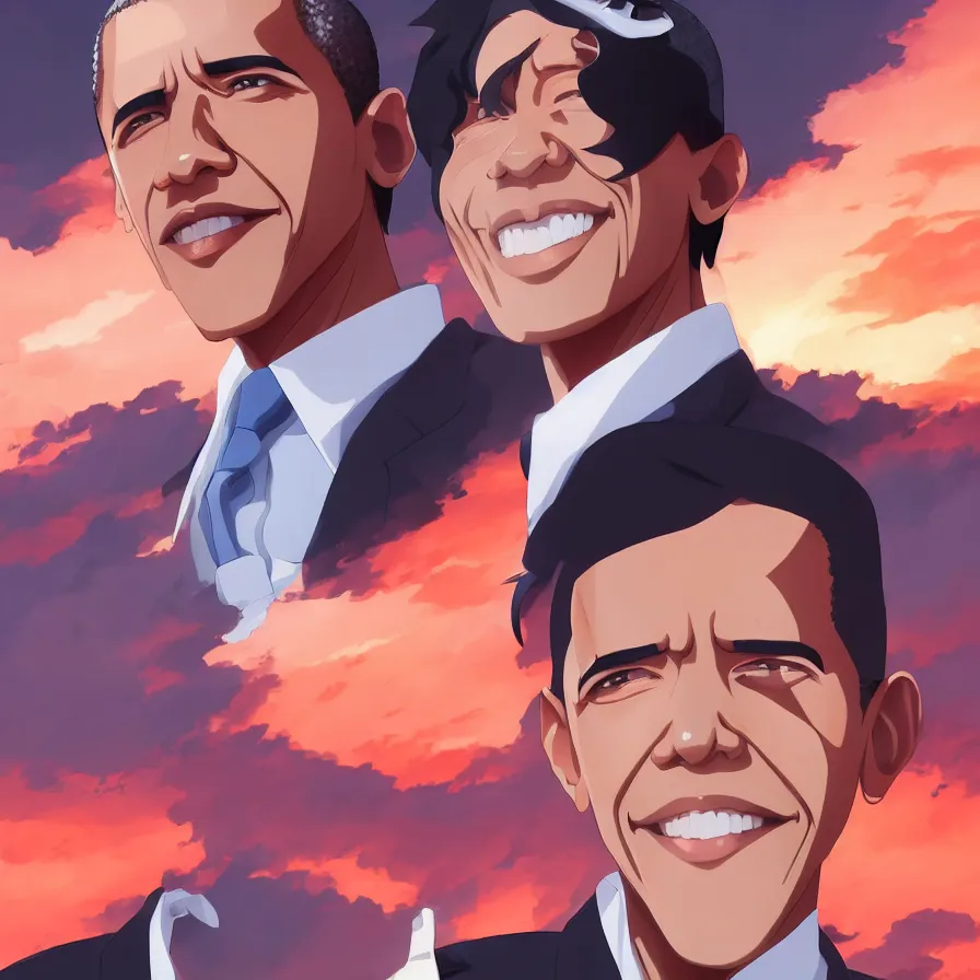 Prompt: barack obama as an anime protagonist, beautiful anime style, portrait, close - up, cinematic rim lighting, dramatic pose, beautiful sunset, professional, highly detailed, clear, sharp, smug expression, trending on artstation