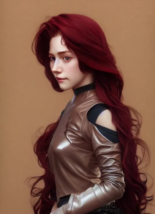 Image similar to pretty young woman with shoulder length shiny shimmering dark red hair and wearing leather suit, path traced, highly detailed, high quality, digital painting, by studio ghibli and alphonse mucha, leesha hannigan, makoto shinkai, disney