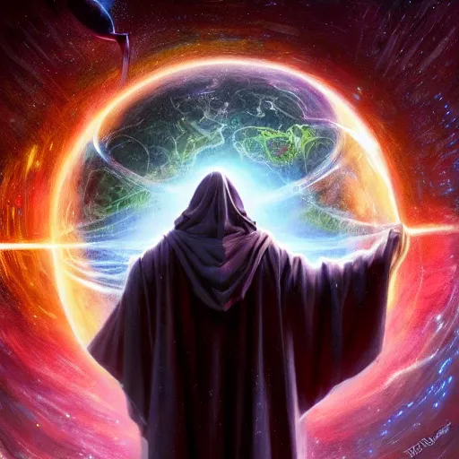 Image similar to the creator of worlds wearing a cloak and holding a holographic planet projection in his hand, detailed, sci - fi, digital painting, artstation, sharp focus, illustration, ominous, artgerm, tomasz alen kopera, peter mohrbacher, donato giancola, joseph christian leyendecker, wlop, frank frazetta