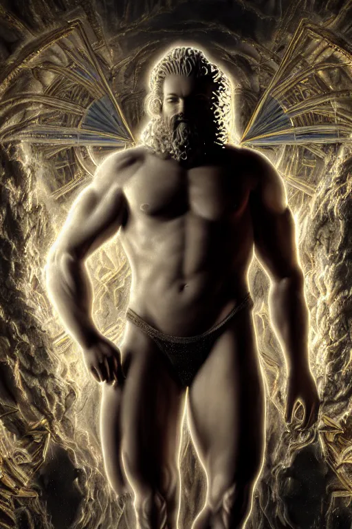 Prompt: hyperrealistic mixed media painting of zeus, full body, stunning 3 d render inspired art by p. craig russell and barry windsor - smith dim volumetric lighting, 8 k octane beautifully detailed render, post - processing, intricate, epic composition, grim yet sparkling atmosphere, cinematic lighting