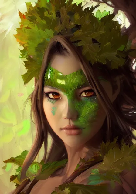 Image similar to greg manchess a realistic anime portrait of a beautiful dryad with glowing green eyes and tree bark skin wearing clothes made of leaves, anime, digital painting, by stanley artgerm lau, sakimichan, wlop and rossdraws, digtial painting, trending on artstation