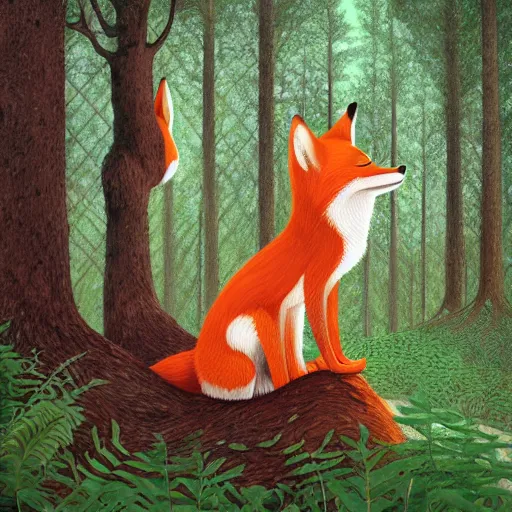 Image similar to a red fox and a ginger teen girl at dark forest where trees are huge, ultra realistic by ori toor and escher