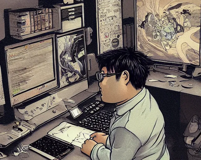 Image similar to an insanely detailed painting of a chubby nerdy asian man wearing a homemade superhero costume, sitting at a computer desk typing on the keyboard, in the style of peter mohrbacher, dramatic lighting and composition, trending on artstation, concept art, comic book, graphic novel, back view