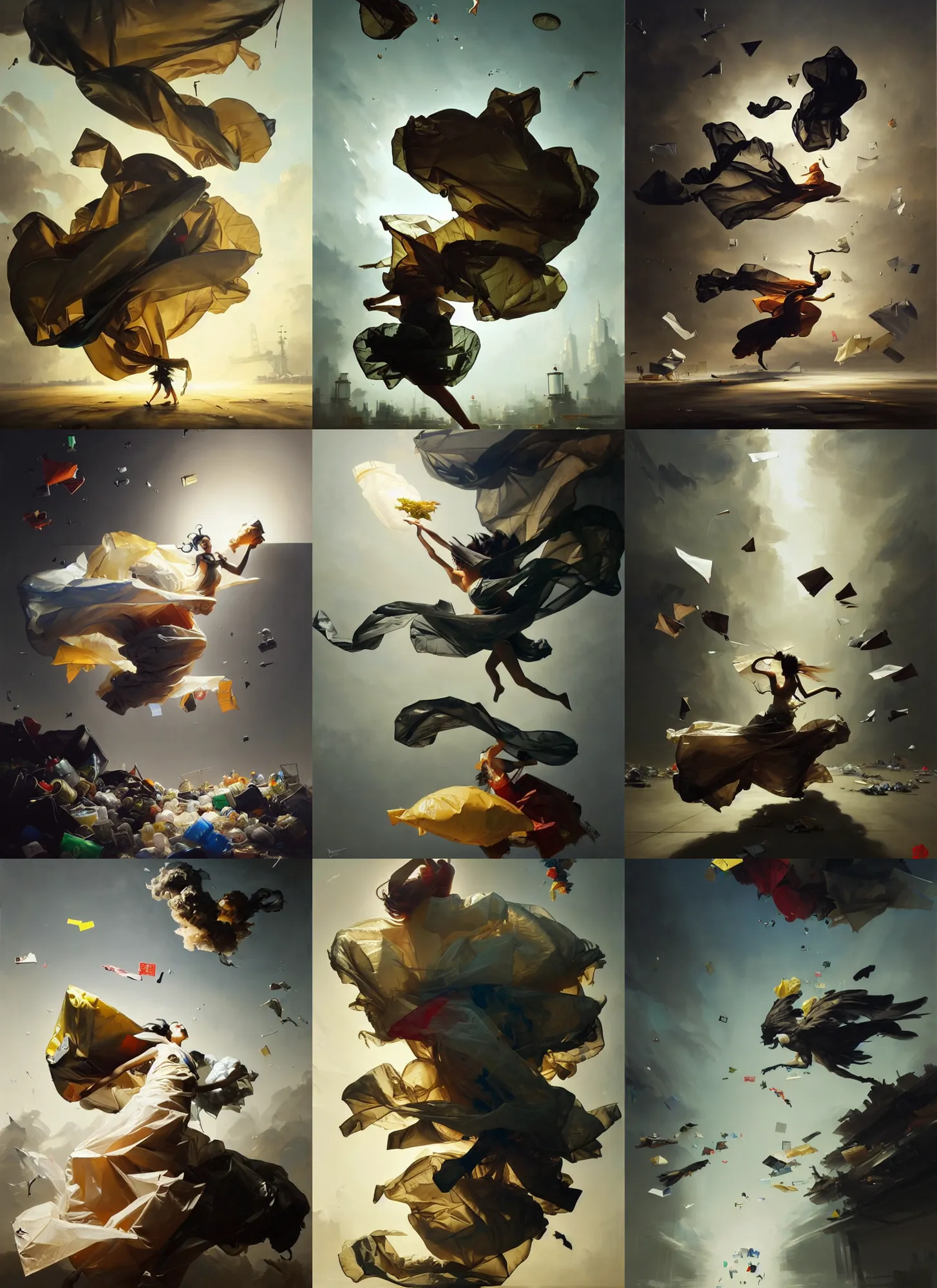 Prompt: fine art oil painting of a plastic garbage bag and garbage flying around, perspective, ultra detailed, elegant, intricate, dynamic lighting, hyperrealism, sharp focus, art by peter mohrbacher and ashley wood and huang guangjian