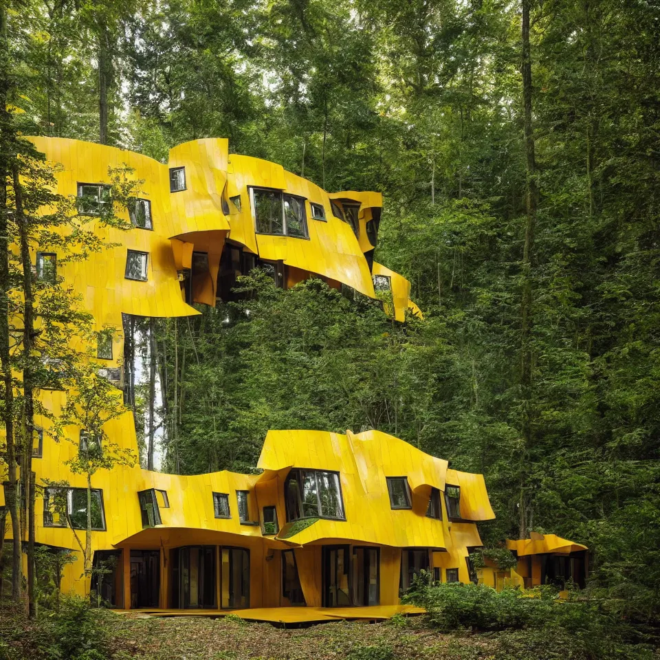 Image similar to a small flat house in the forest, designed by Frank Gehry. Big Tiles. Film grain, cinematic, yellow hue