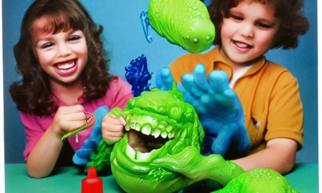 Image similar to kid playing with slime monster, realistic, detailed faces, toy commercial photo,toy magazine, highly detailed, photo from the 80s