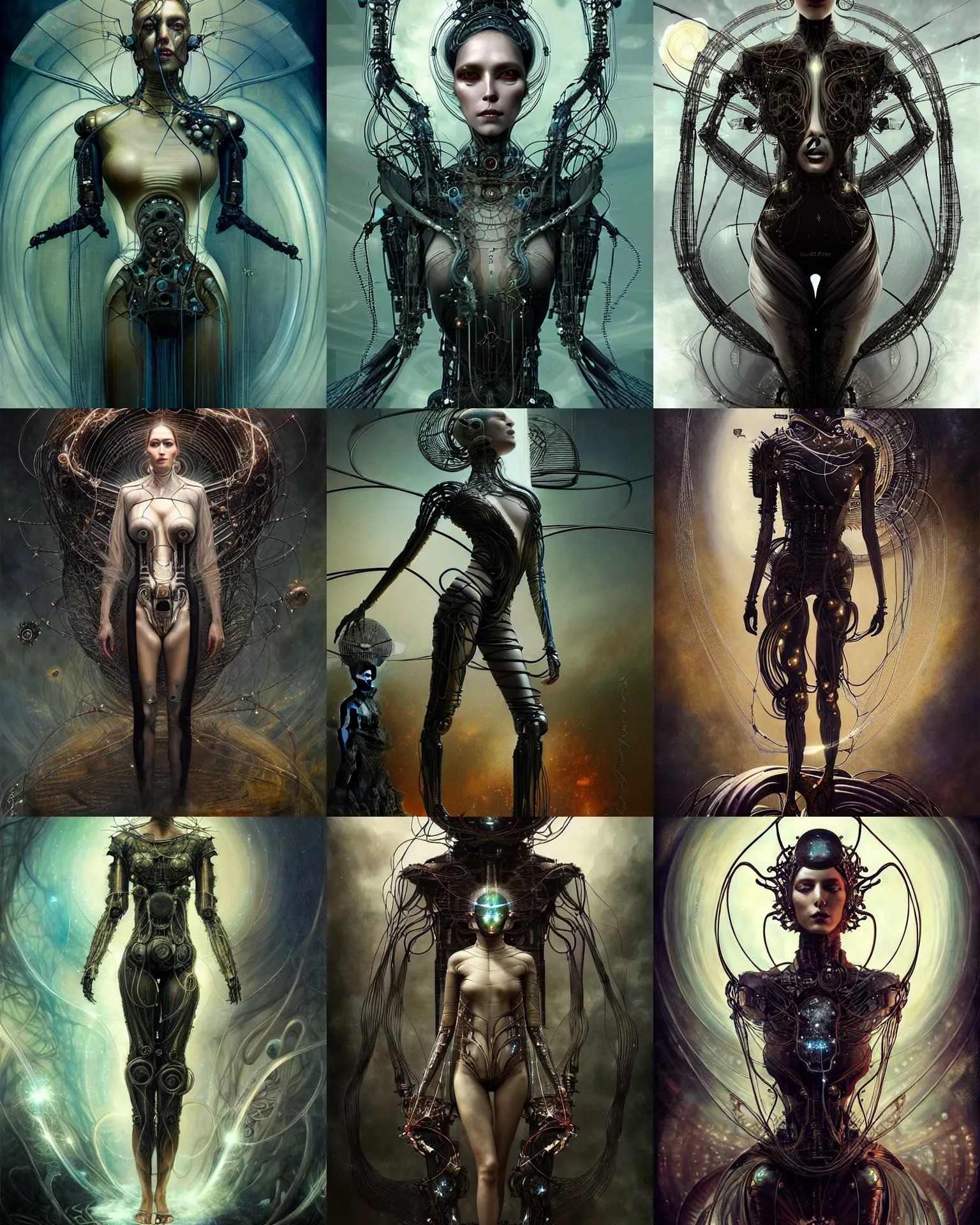 Prompt: karol bak and tom bagshaw and bastien lecouffe - deharme full body character portrait of the borg queen of sentient parasitic flowing ai, floating in a powerful zen state, supermodel, beautiful and ominous, wearing combination of mecha and bodysuit made of wires and fractal ceramic, machinery enveloping nature in the background, scifi character render