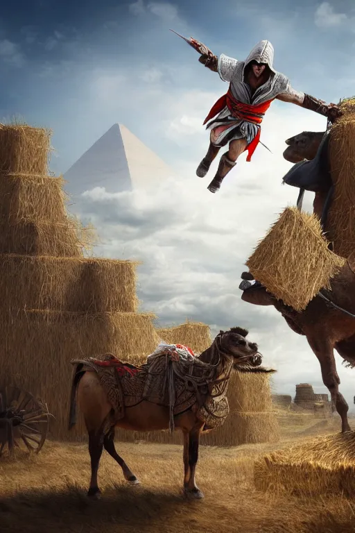Image similar to ezio audotire falling on top of a cart filled with haystack, background has pyramids and dromedaries walking by, digital art, trending on artstation, 4 k