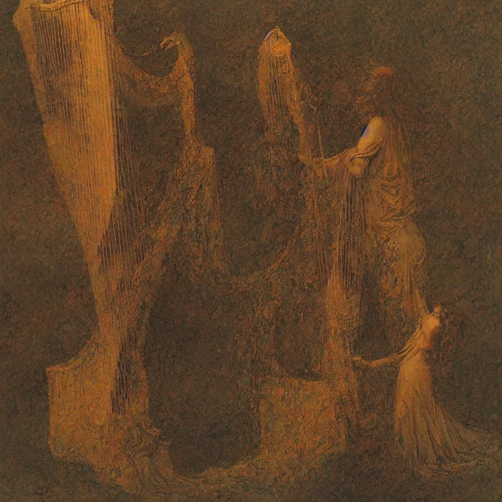 Prompt: sappho playing a broken harp by beksinski and austin osman spare