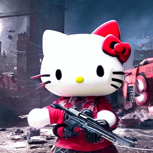 Image similar to Hello Kitty in Gears of War, splash art, movie still, detailed face, cinematic lighting, color, dramatic, octane render, long lens, shallow depth of field, bokeh, anamorphic lens flare, 8k, hyper detailed, 35mm film grain