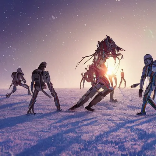 Prompt: majestic native americans fighting cyborg white men in a snowy field, art by beeple, styled like beeple, landscape, hyper realistic,