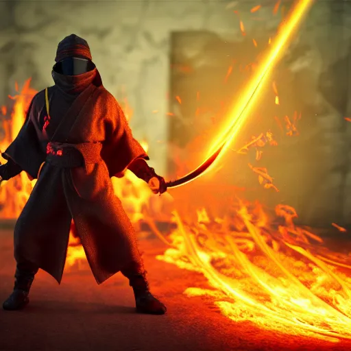 Image similar to a ninja with a sword in a fire background, 3 d render octane, trending on artstation