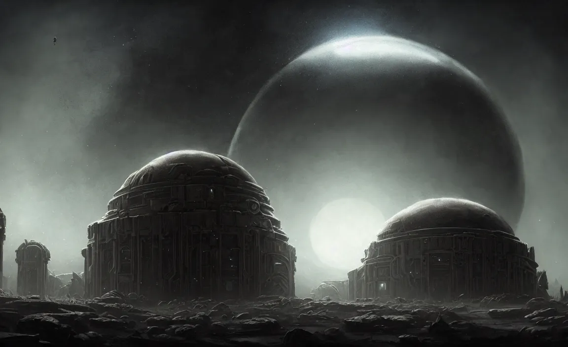 Image similar to epic professional sci - fi digital art of ruined domed planetary outpost, eerie atmospheric lighting, painted, detailed, intricate, impressive foreboding, by leesha hannigan, wayne haag, reyna rochin, ignacio fernandez rios, mark ryden, iris van herpen, hdr, 8 k, epic, stunning, gorgeous, much wow, cinematic, masterpiece