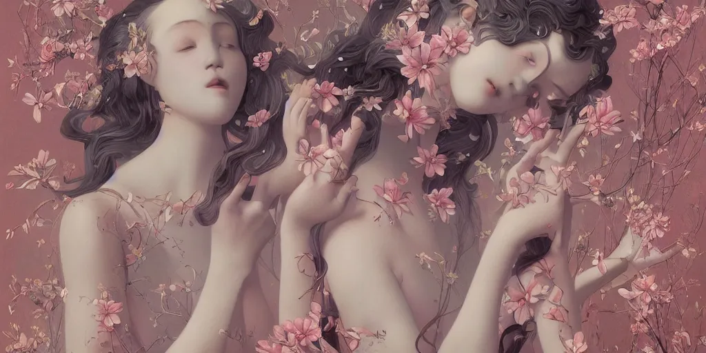 Prompt: breathtaking detailed girl body concept art painting art deco pattern of birds goddesses amalmation flowers, by hsiao - ron cheng, bizarre compositions, exquisite detail, extremely moody lighting, 8 k, art nouveau, old chines painting