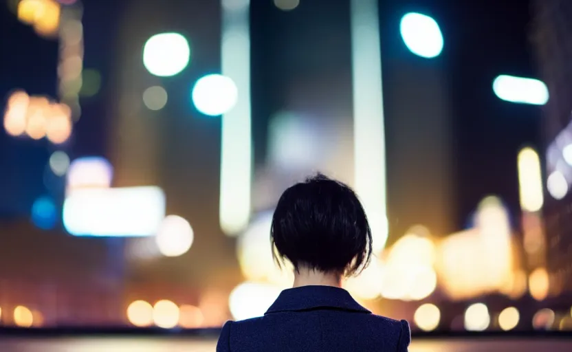 Prompt: a wide shot of a woman with a wool suit, short dark hair, blurred face, wearing an omega speedmaster on her wrist in front of a crowded dystopian city at night with cyberpunk lights