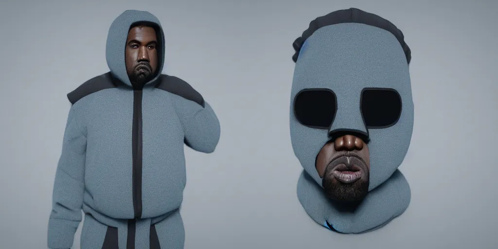 Image similar to kanye west wearing a full face - covering black mask, a small, tight, children size reflective baby blue puffer jacket made of nylon, gray jeans pants and big black rubber boots in 3 d, blender, octane render, 3 d render, realistic, unreal engine, studio light, 4 k, 8 k